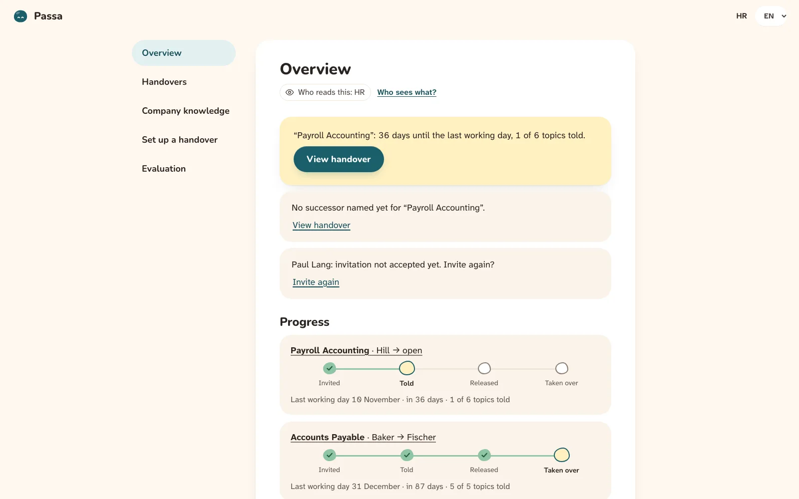 Screenshot: HR overview in Passa